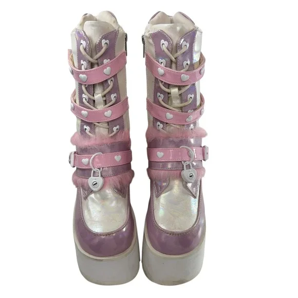 Demonia Ashes-120‎ holographic patent chunky platform boots women size 8 Pink - Picture 2 of 12